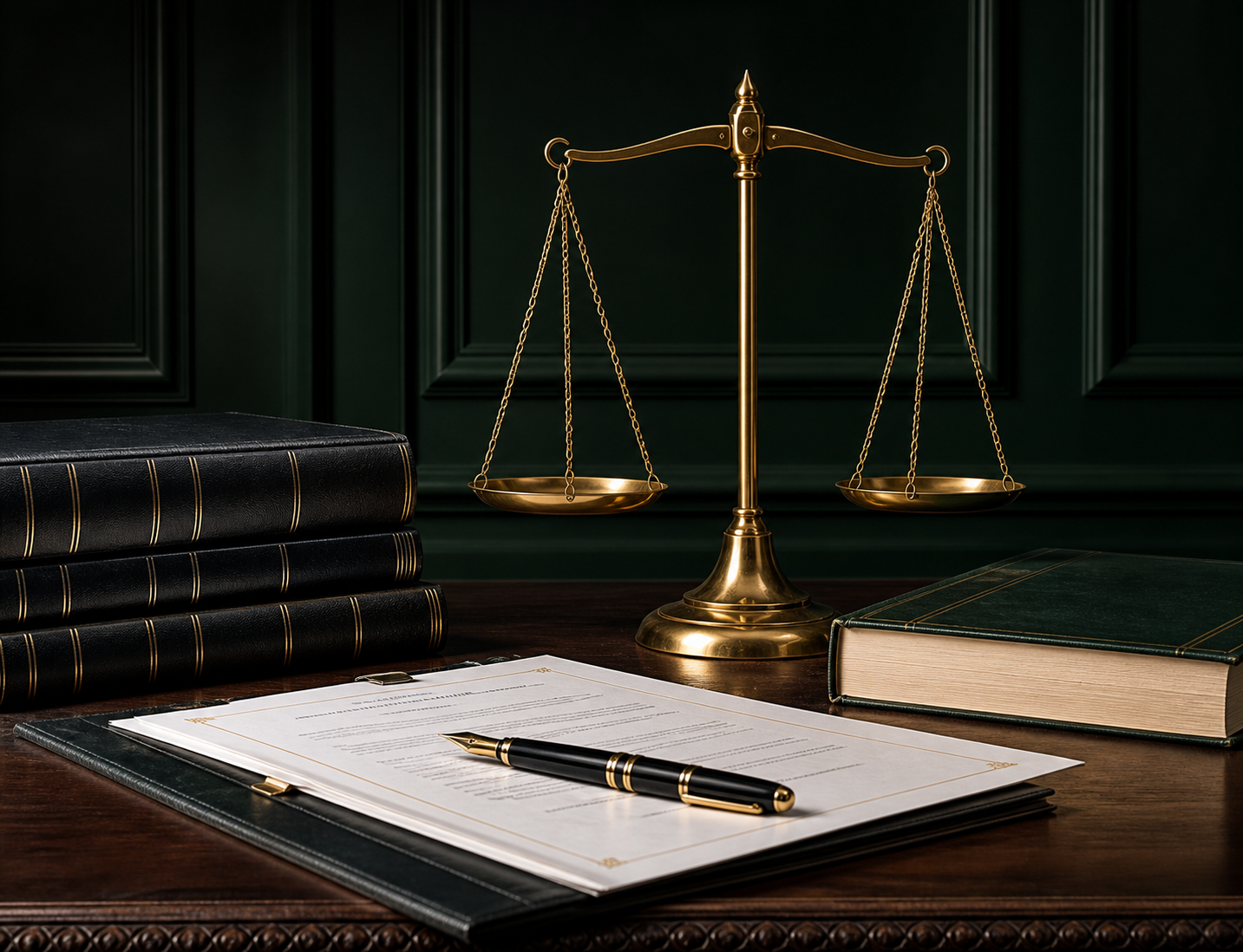 Весы правосудия на юридических документах